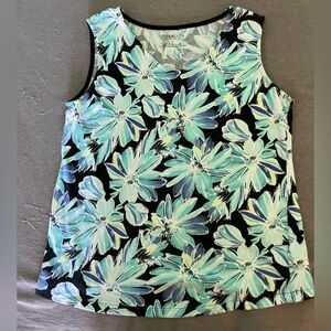 Talbots Black and Green Floral Tank Top